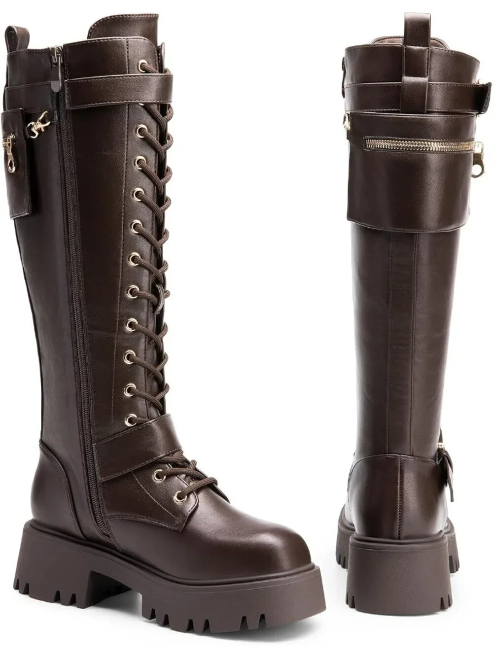 Dream Pairs Women's Brown Round Toe Lace Up Inside Zipper Knee High Combat Boots